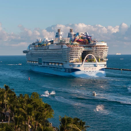 In an aerial view, Royal Caribbean's Icon of the Seas heads out to sea from PortMiami on Feb. 03, 2024.