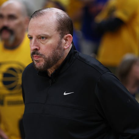 May 31, 2025; Indianapolis, Indiana, USA; New York Knicks head coach Tom Thibodeau looks on prior to game six of the eastern conference finals against the Indiana Pacers for the 2025 NBA Playoffs at Gainbridge Fieldhouse. Mandatory Credit: Trevor Ruszkowski-Imagn Images