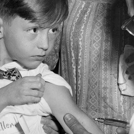 The polio vaccine trial of 1954 was among the largest medical studies in history, conducted at 14,000 schools in 44 states and Canada. The study results were announced April 12, 1955: “The vaccine works.” It was safe and 80-90% effective.