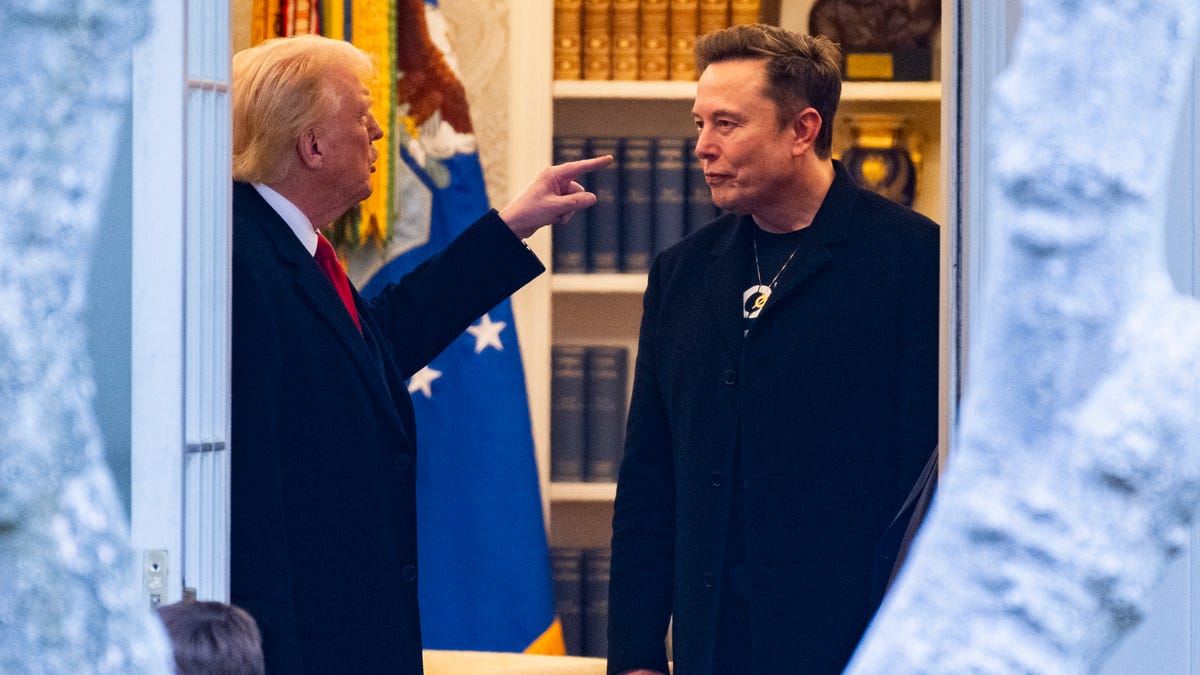 President Donald Trump and Elon Musk speak before departing the White House on March 14, 2025.