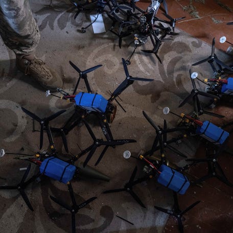 First-person view (FPV) drones are seen at a front line position of the servicemen of the Ukrainian Armed Forces, amid Russia's attack on Ukraine, near the frontline town of Kostiantynivka, Donetsk region, Ukraine, May 23, 2025.