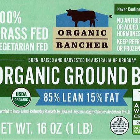A label from an Organic Rancher ground beef product that was recalled in June 2025 due to possible E. coli contamination.