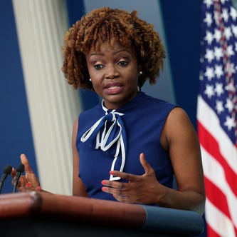 White House Press Secretary Karine Jean-Pierre holds a press briefing at the White House on April 04, 2023 in Washington, DC.