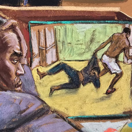 Courtroom sketch shows Sean "Diddy" Combs watching as forensic video expert Frank Piazza testify about the time stamps on surveillance footage of the 2016 hotel altercation during Combs' sex trafficking trial in New York City on June 4, 2025.