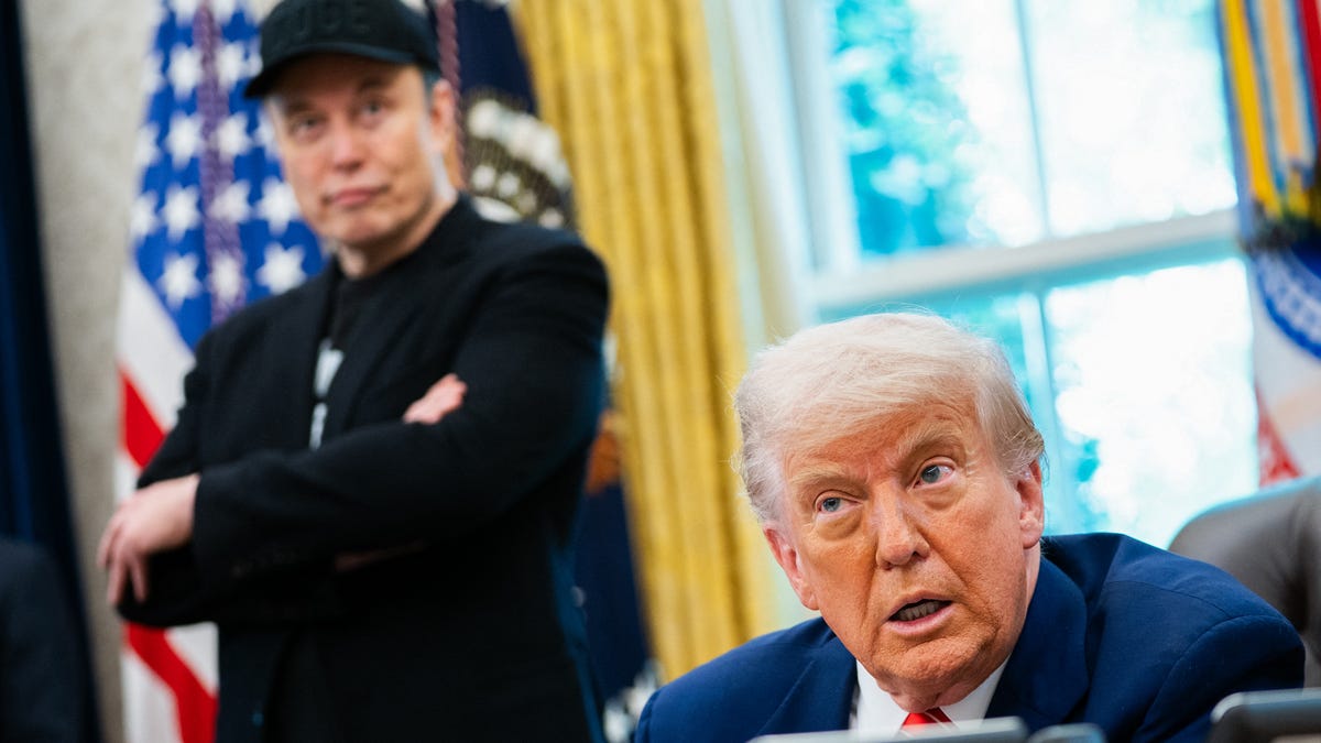 President Donald Trump speaks during a news conference with Elon Musk in the Oval Office of the White House on May 30, 2025.