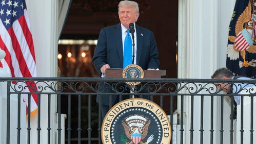 President Donald Trump speaks to guests from the Truman Balcony of the White House during an event on the South Lawn on June 04, 2025 in Washington, DC.