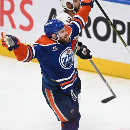 Game 1: Edmonton Oilers center Leon Draisaitl (29) reacts after scoring in overtime against the Florida Panthers.