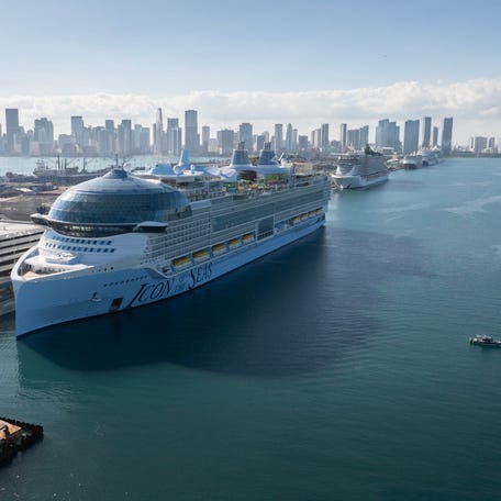 In an aerial view, Royal Caribbean's Icon of the Seas is moored at PortMiami on February 03, 2024, in Miami, Florida.
