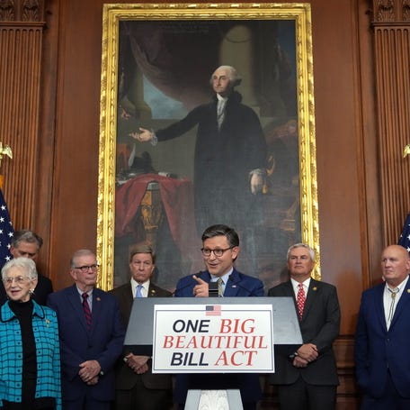 House Speaker Mike Johnson, R-Louisiana, speaks to reporters after the House narrowly passed the One Big Beautiful Bill Act on May 22, 2025.