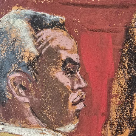 Sean "Diddy" Combs listens as Nicole Westmoreland cross examines Bryana "Bana" Bongolan during Combs' sex trafficking trial in New York City on June 5, 2025.