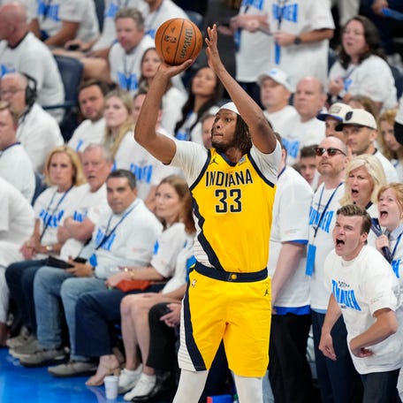 Game 1: The Indiana Pacers' Myles Turner shoots the ball during the fourth quarter.