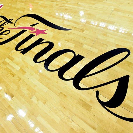 A view of the NBA Finals logo on the San Antonio Spurs' court at AT&T Center in 2014.