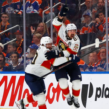 Game 2: Florida Panthers center Brad Marchand (63) celebrates after scoring in the second overtime against the Edmonton Oilers.