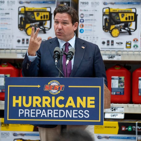 Florida Gov. Ron DeSantis speaks at a hurricane preparedness news conference on May 30, 2025, in Jupiter.
