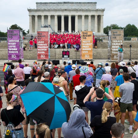 People attend the WorldPride International Rally and March on Washington for Freedom at the Lincoln Memorial on June 8, 2025 in Washington, DC.