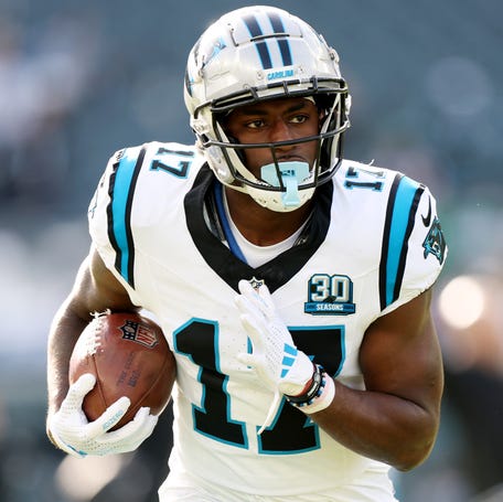 Xavier Legette #17 of the Carolina Panthers warms up before a game against the Philadelphia Eagles at Lincoln Financial Field on December 08, 2024 in Philadelphia, Pennsylvania.