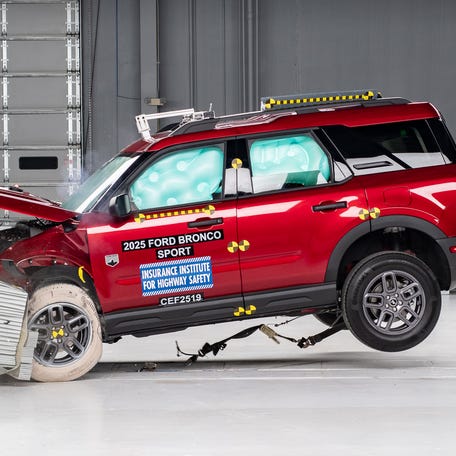 A 2025 Ford Bronco Sport did not win a top safety award in the most recent Insurance Institute for Highway Safety crash test. During the test, the rear dummy's lap belt slid up onto the abdomen from the ideal position on the pelvis, which increases the chances of internal injuries, IIHS said.