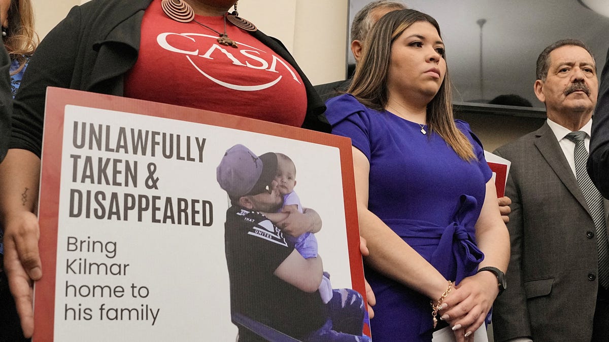 Jennifer Vasquez Sura, wife of Kilmar Abrego Garcia, a Salvadoran migrant who lived in the U.S. legally with a work permit and was erroneously deported to El Salvador, looks on during a press conference with other family members, supporters and members of the Congressional Hispanic Caucus, in Washington, D.C., on April 9, 2025.