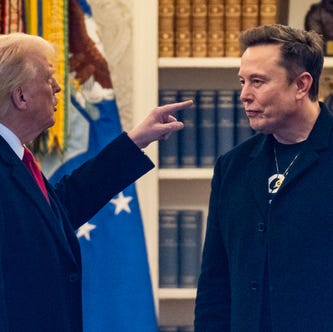 President Donald Trump and Elon Musk speak in the Oval Office before departing the White House on March 14, 2025.
