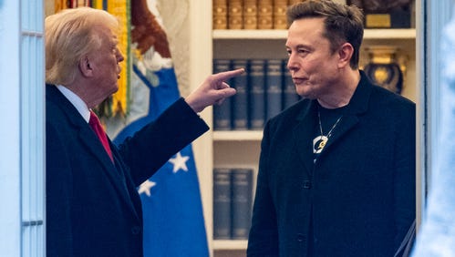 President Donald Trump and Elon Musk (R) speak in the Oval Office before departing the White House in Washington, DC, on the way to Trump's residence at Mar-a-Lago in Palm Beach, Florida on March 14, 2025.