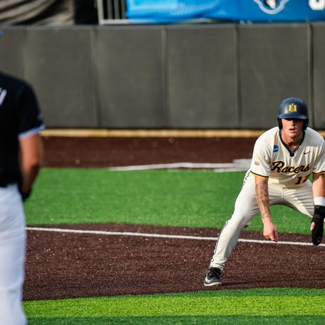 Jun 9, 2025; Durham, NC, USA; Murray St. 2b Dom Decker (12) eyes Duke pitcher Henry Zatkowski (12) during the first inning of the Durham Super Regional at Jack Coombs Field. Mandatory Credit: Jaylynn Nash-Imagn Images
