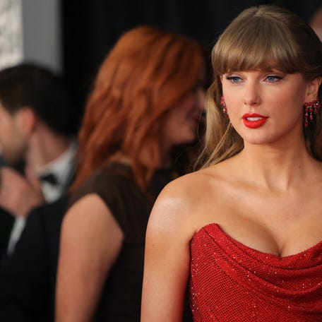 Taylor Swift poses on the red carpet during the 67th annual Grammy Awards in Los Angeles on Feb. 2, 2025.