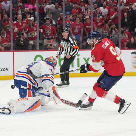 Game 3: Florida Panthers forward Sam Bennett (9) scores against Edmonton Oilers goaltender Stuart Skinner (74) during the second period.