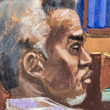 Sean "Diddy" Combs watches as a witness testifies under the pseudonym Jane to protect her privacy, during Combs' sex trafficking trial in New York City on June 9, 2025.