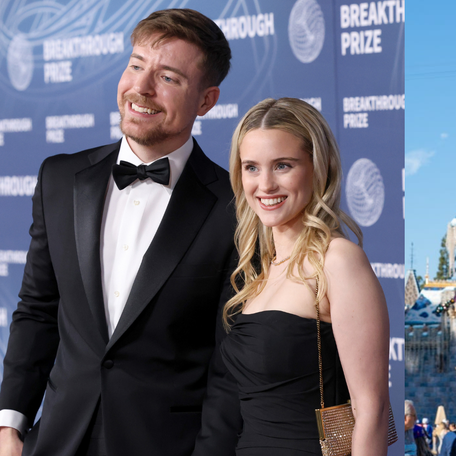 Left: MrBeast and Thea Booysen at the 11th Breakthrough Prize Ceremony at Barker Hangar on April 5, 2025 in Santa Monica, California. Right: Disneyland Park in Anaheim, California on Nov. 15, 2024.
