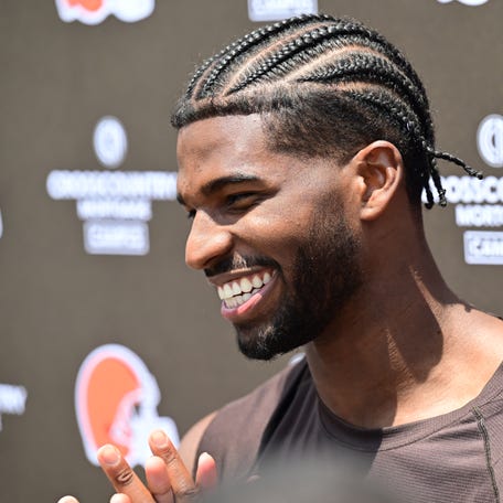 Jun 10, 2025; Berea, OH, USA; Cleveland Browns quarterback Shedeur Sanders (12) talk to the media during minicamp at CrossCountry Mortgage Campus. Mandatory Credit: Ken Blaze-Imagn Images