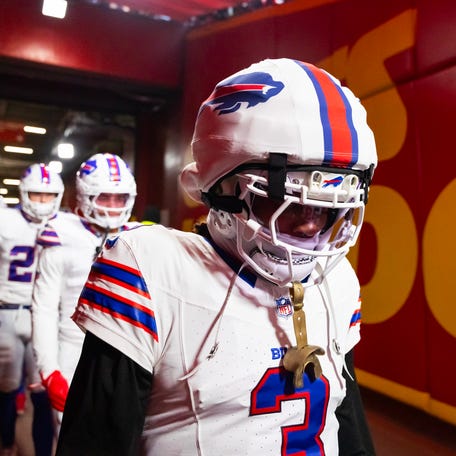 Jan 26, 2025; Kansas City, MO, USA; Detailed view of the guardian cap on the helmet of Buffalo Bills safety Damar Hamlin (3) against the Kansas City Chiefs during the AFC Championship game at GEHA Field at Arrowhead Stadium. Mandatory Credit: Mark J. Rebilas-Imagn Images