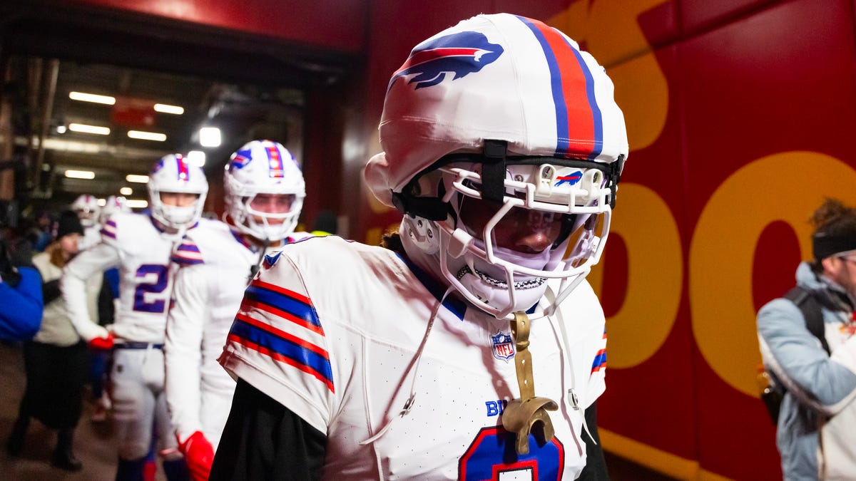 Jan 26, 2025; Kansas City, MO, USA; Detailed view of the guardian cap on the helmet of Buffalo Bills safety Damar Hamlin (3) against the Kansas City Chiefs during the AFC Championship game at GEHA Field at Arrowhead Stadium. Mandatory Credit: Mark J. Rebilas-Imagn Images