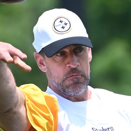 Pittsburgh Steelers quarterback Aaron Rodgers throws during minicamp at their South Side facility.