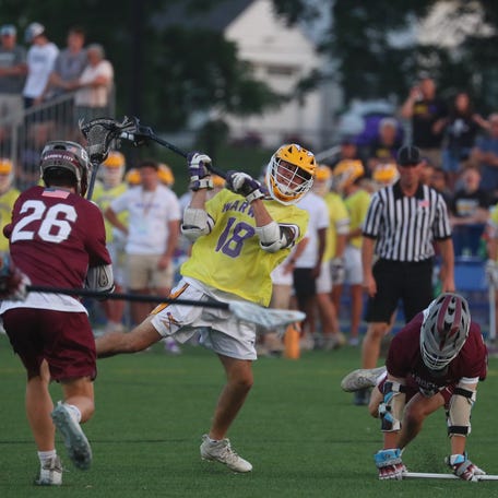 Warwick's Darren Vogt takes a shot on Garden City's goal during the Class B New York State Boys Lacrosse East Semifinal game on June 11, 2025.