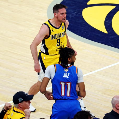 T.J. McConnell (9) celebrates after a play during the second quarter of Game 3 against the Oklahoma City Thunder.