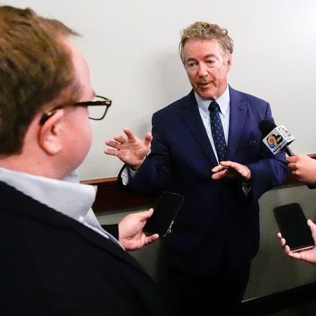 U.S. Sen. Rand Paul speaks to media ahead of a Republican Party of Iowa event May 29, 2025 at Elmcrest Country Club in Cedar Rapids, Iowa.
