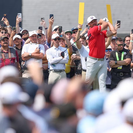Bryson DeChambeau plays his shot from the 12th tee during the first round of the U.S. Open golf tournament on Jun 12, 2025