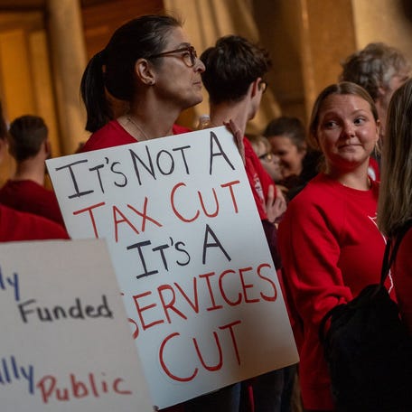 Indiana public teachers rally during a day of action Monday, April 14, 2025, at the Indiana Statehouse in Indianapolis. The day of action, organized by the stateâ€™s largest teachers union, focused on a proposed property tax reform bill that would cut funding for public schools and shift those funds to charter schools.