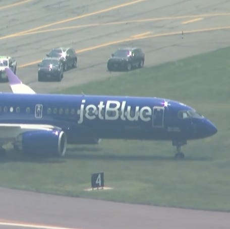 A JetBlue plane rolled off the pavement and onto grass while landing at Boston's Logan Airport on Thursday, June 12, 2025.