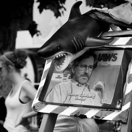 (EDITORS NOTE: This image has been converted to black and white and uses filters) A view of a sign with a picture jury president Steven Spielberg on it during the 66th Annual Cannes Film Festival on May 15, 2013 in Cannes, France.