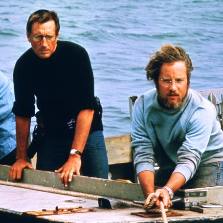 From left, Robert Shaw, Roy Scheider and Richard Dreyfuss in a scene from Steven Spielberg's "Jaws," released June 20, 1975.