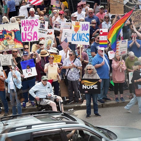 Approximately 2,000 people gathered in Portsmouth's Market Square to protest President Donald Trump Saturday April 19, 2025.