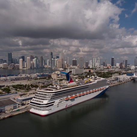 The Carnival Sunrise is seen docked in Miami in this file drone image from June 18, 2022.
