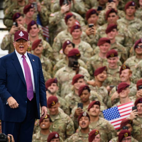 President Donald Trump walks off stage after speaking at Fort Bragg on Tuesday, June 10, 2025.