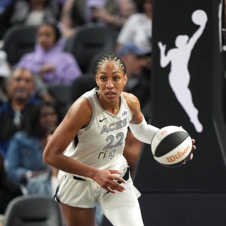 Las Vegas Aces center A'ja Wilson (22) dribbles against the Golden State Valkyries during the third quarter at Chase Center.
