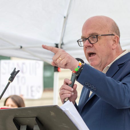 U.S. Rep. James P. McGovern speaks on the steps of Worcester City Hall on June 14 during the "No Kings" rally against the Trump administration.