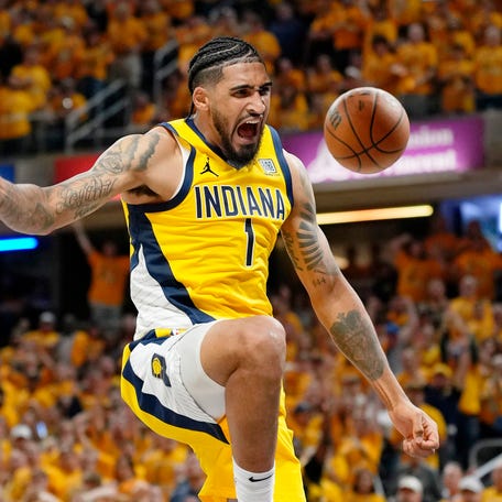 Game 4: Indiana Pacers forward Obi Toppin (1) dunks during the second half.