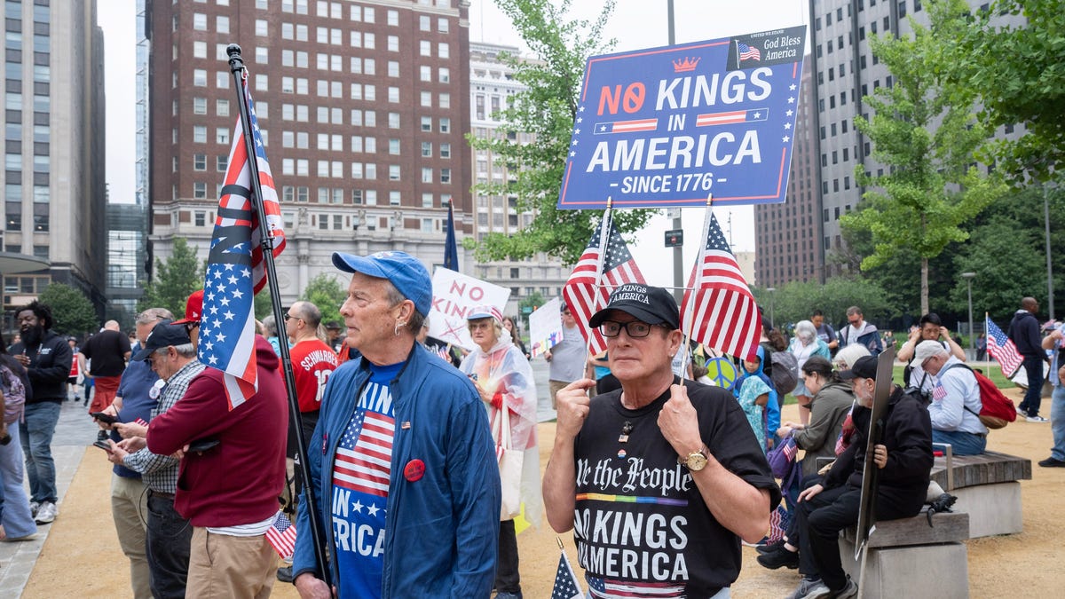 Tony DePrimeo of Montgomery City and Andy Buck of Philly at a "No Kings" protest in Philadelphia on June 14, 2025.