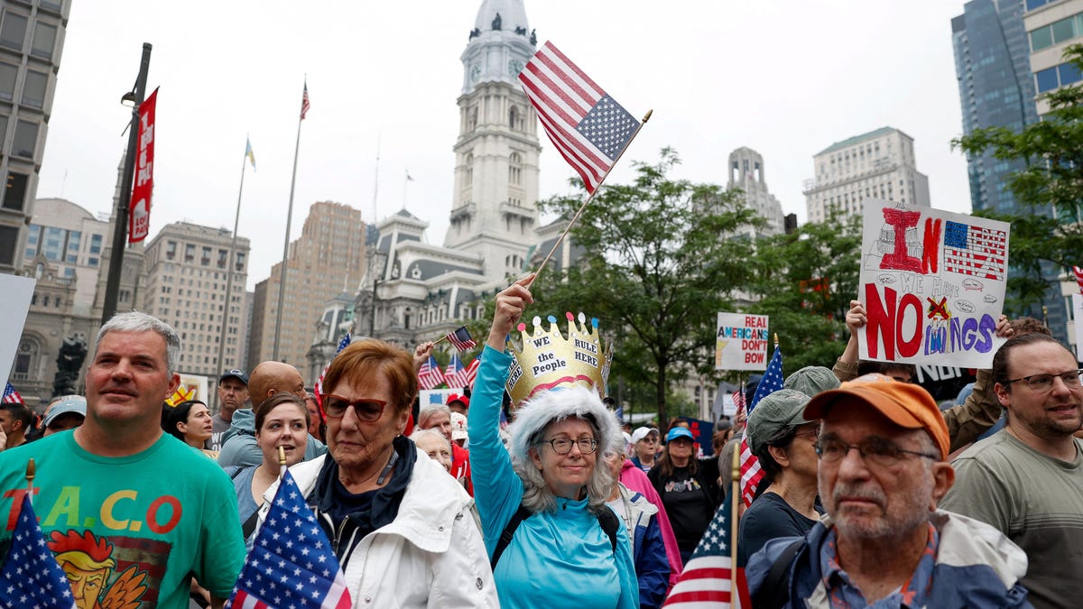 People participate in the "No Kings" protest in Philadelphia, Pennsylvania, U.S., June 14, 2025.