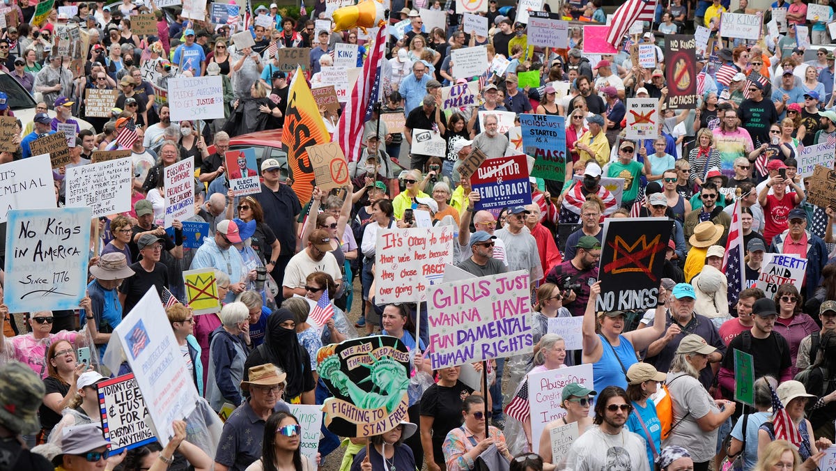 Thousands rally in Louisville, Kentucky, as part of the "No Kings" protest on June 15, 2025.